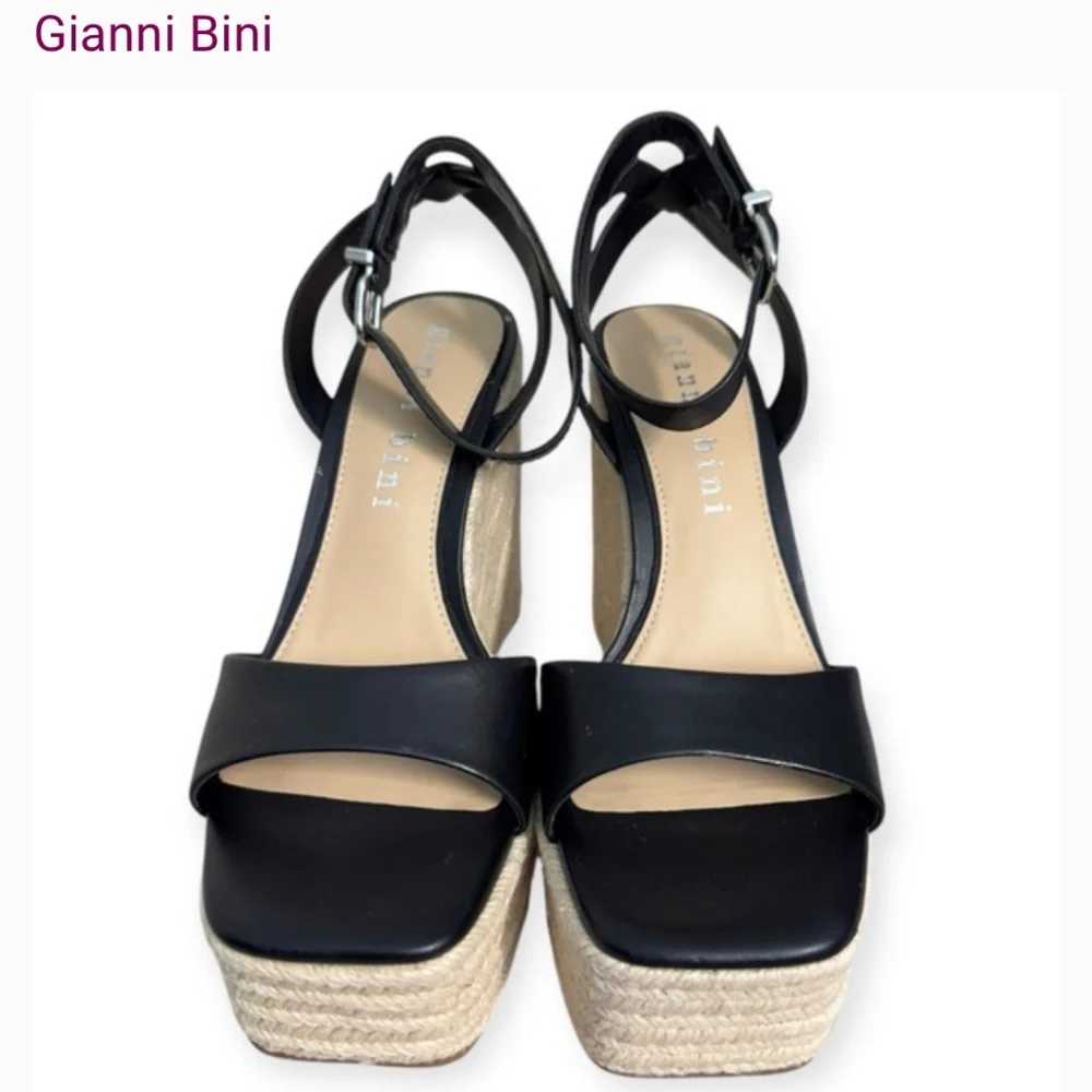 Gianni Bini Senna‎ Leather Jute Platform Wedge Sandals Size 9 - Picture 2 of 6
